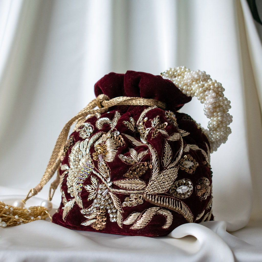 Alisha Potli Bag (Deep Maroon Velvet)