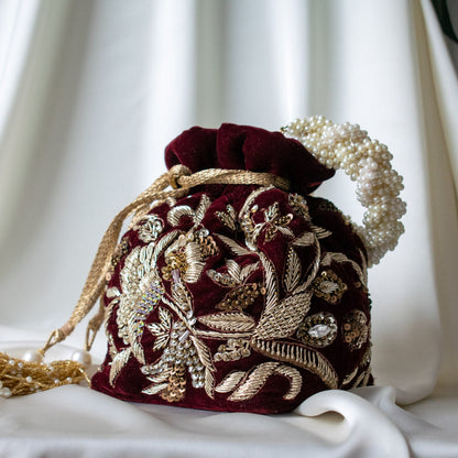 Alisha Potli Bag (Deep Maroon Velvet)
