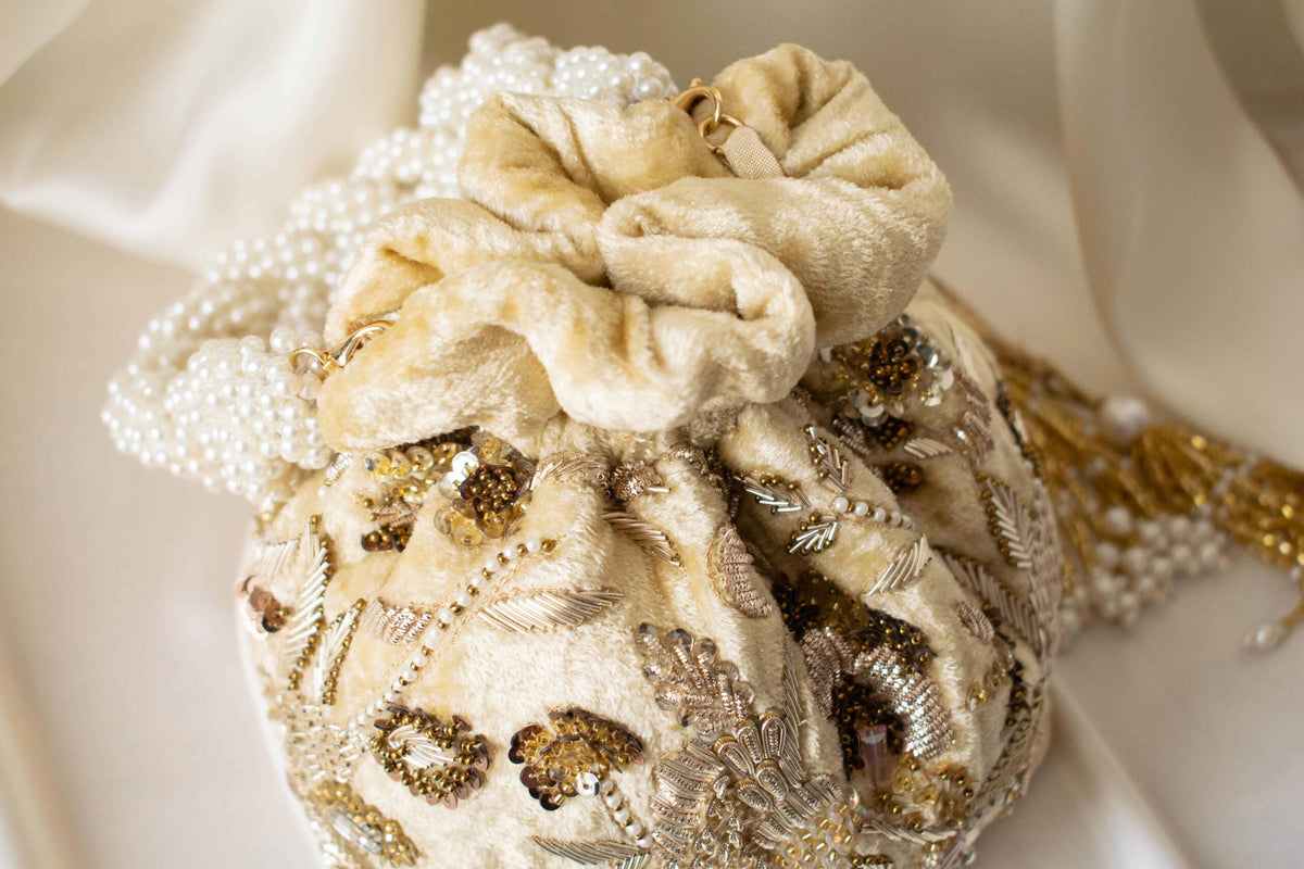 Alisha Potli Bag (Golden Cream Velvet)