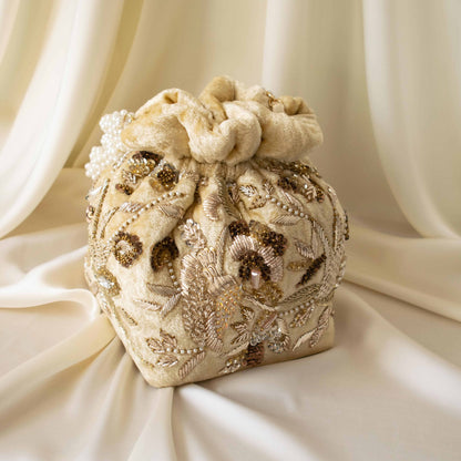 Alisha Potli Bag (Golden Cream Velvet)
