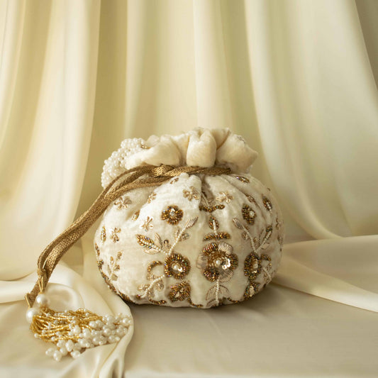 Peony Potli Bag (Cream Velvet)