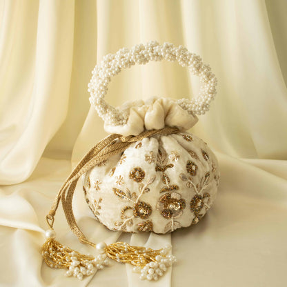 Peony Potli Bag (Cream Velvet)