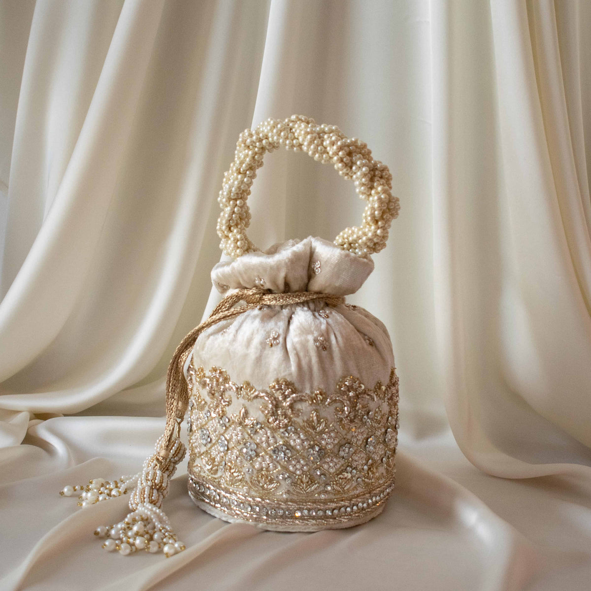 Ruby Potli Bag (Cream Velvet)