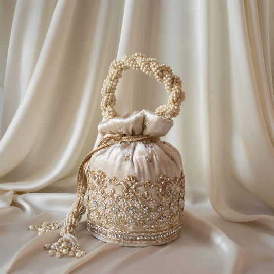 Ruby Potli Bag (Cream Velvet)