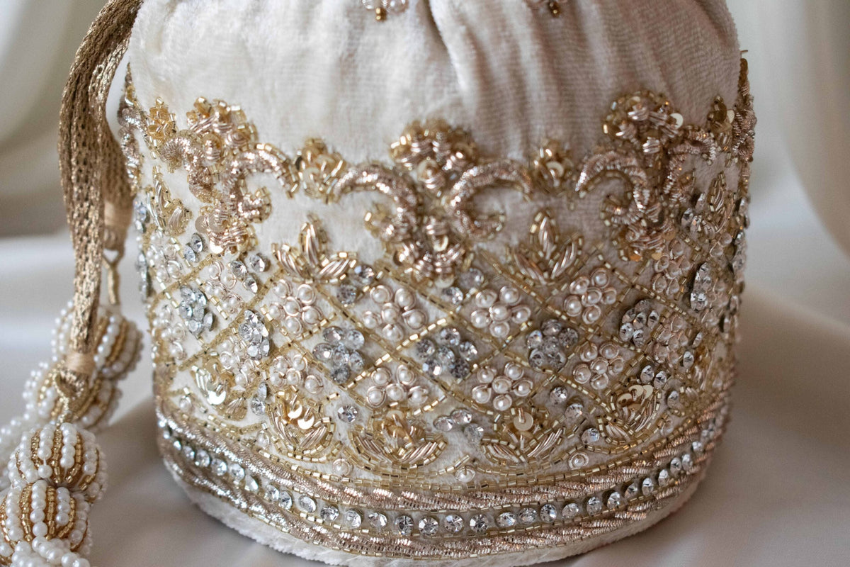 Ruby Potli Bag (Cream Velvet)