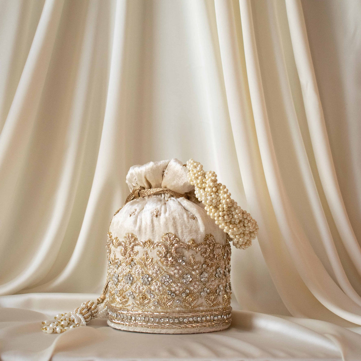 Ruby Potli Bag (Cream Velvet)