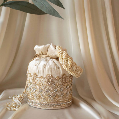 Ruby Potli Bag (Cream Velvet)