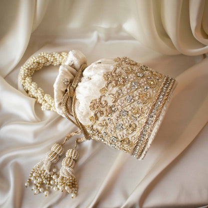 Ruby Potli Bag (Cream Velvet)