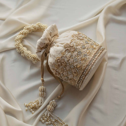 Ruby Potli Bag (Cream Velvet)