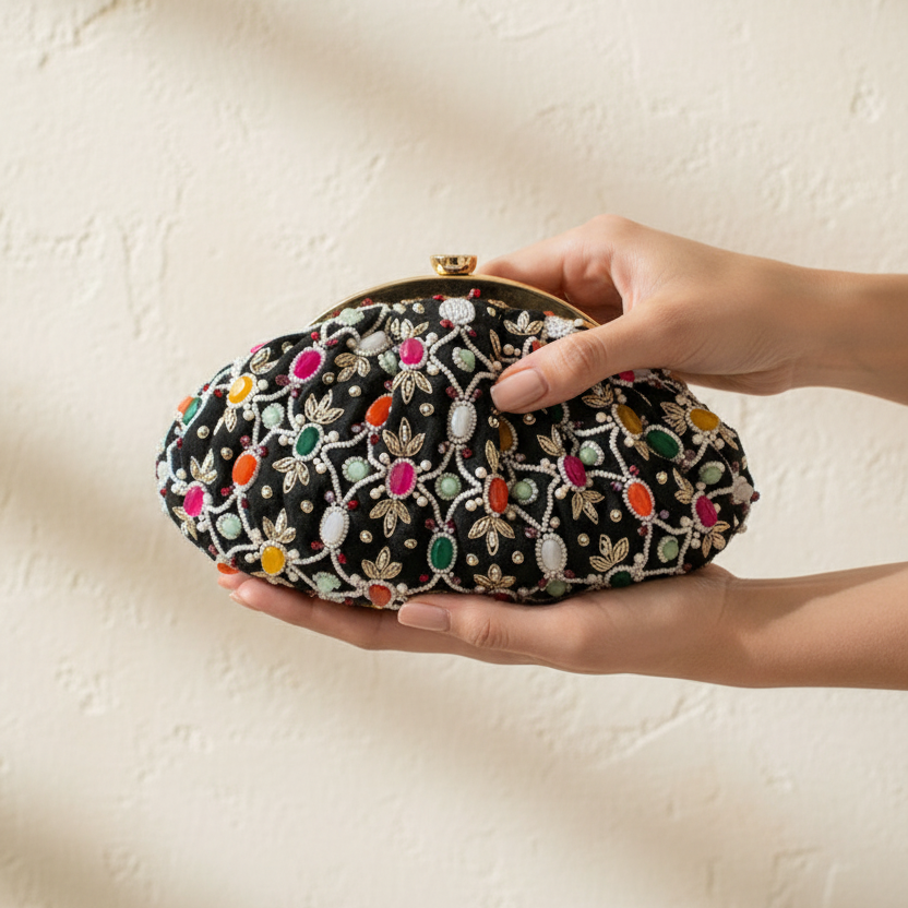 Luxury editorial photo of Alina Black Beaded Clutch
