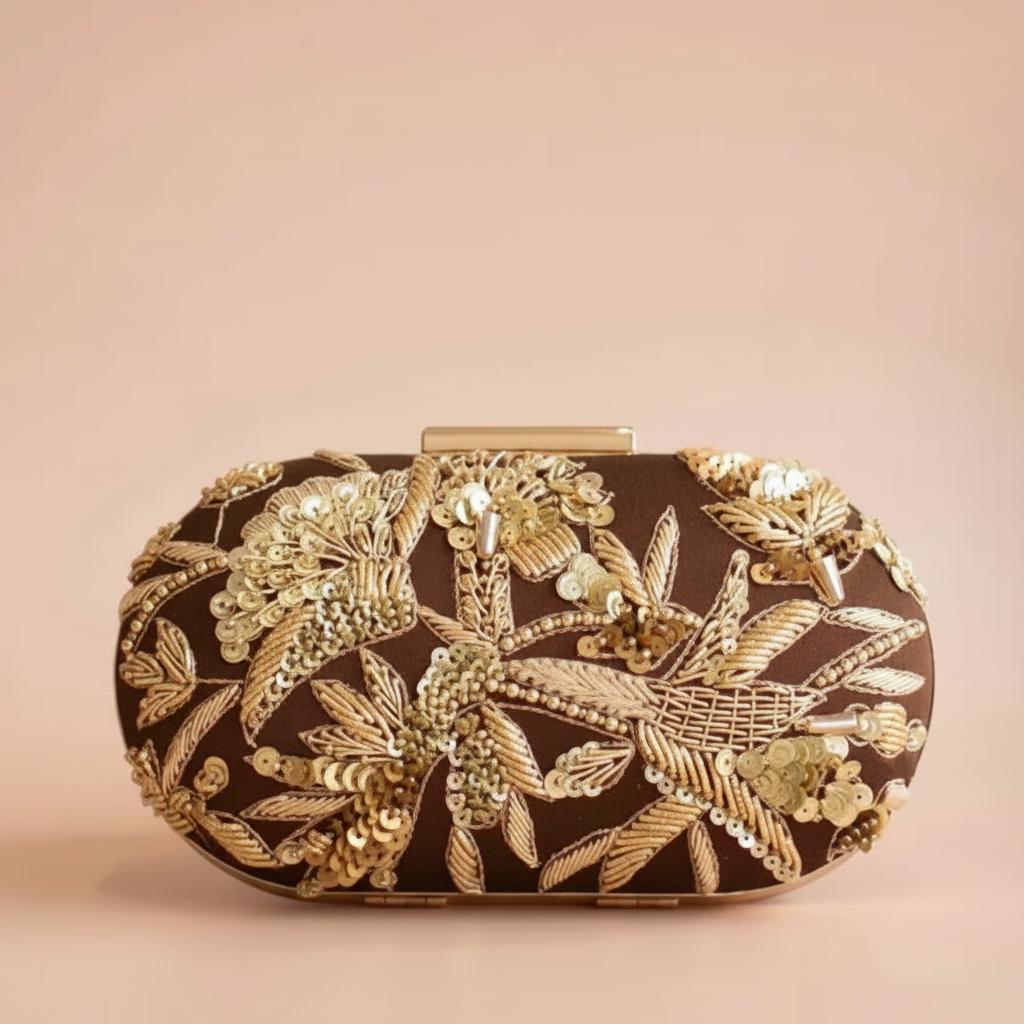 Maisha Chocolate Brown minaudière clutch - front view