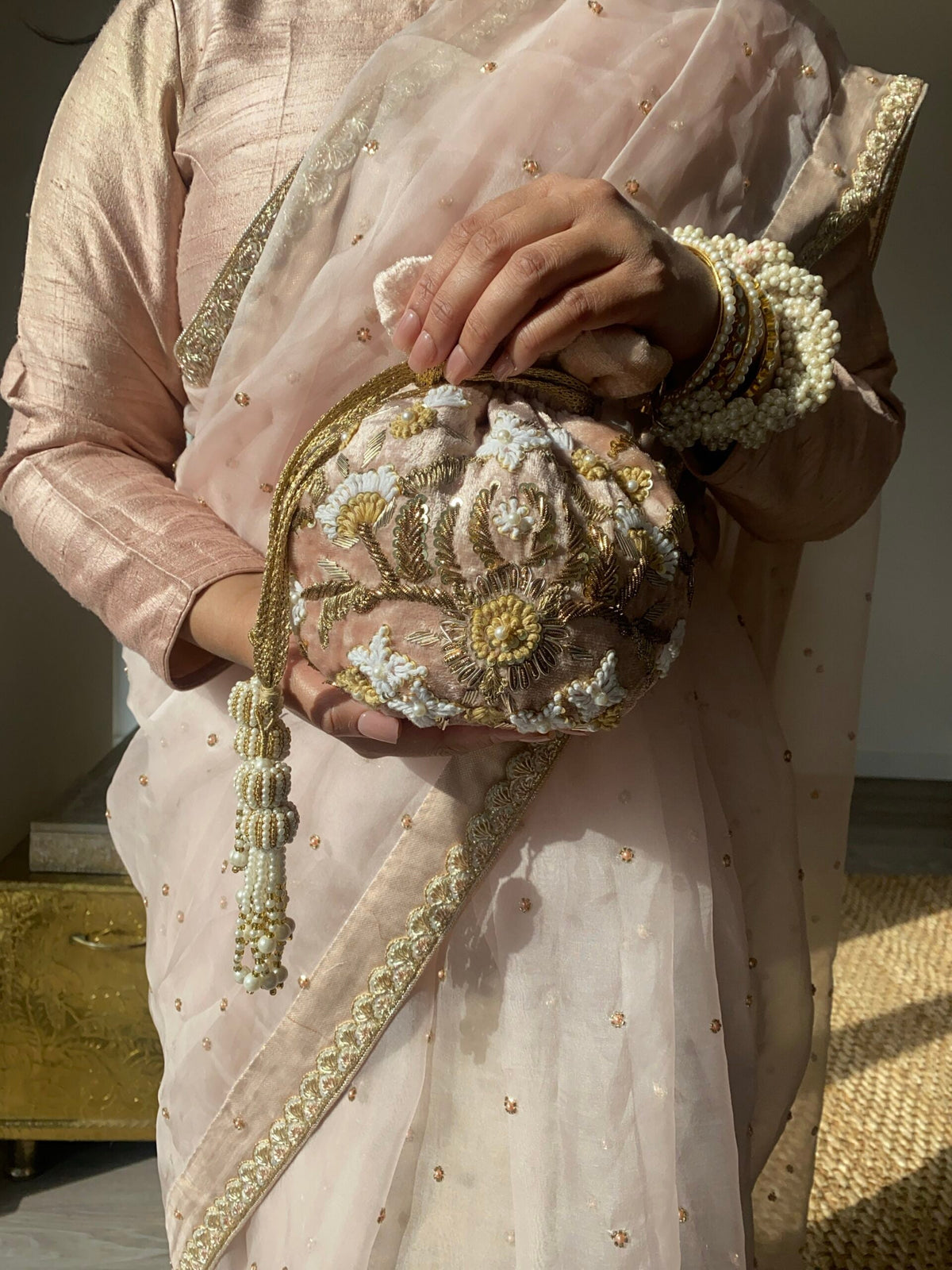 Meena Potli Bag (Nude Pink Velvet)